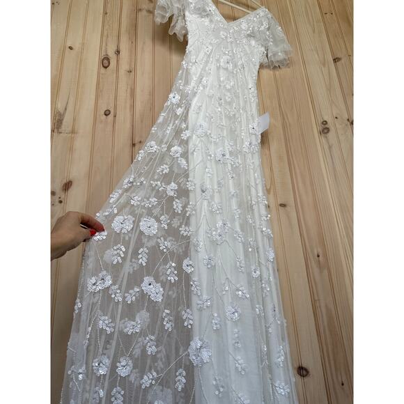 NWT Lulus Safiya White Sequin Flutter Sleeve Maxi Dress Wedding Bridal Bride S - Picture 8 of 14